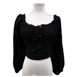 ACOA Black Eyelet Milkmaid Top Off Shoulder Puff Sleeve Coquette Peasant Large
